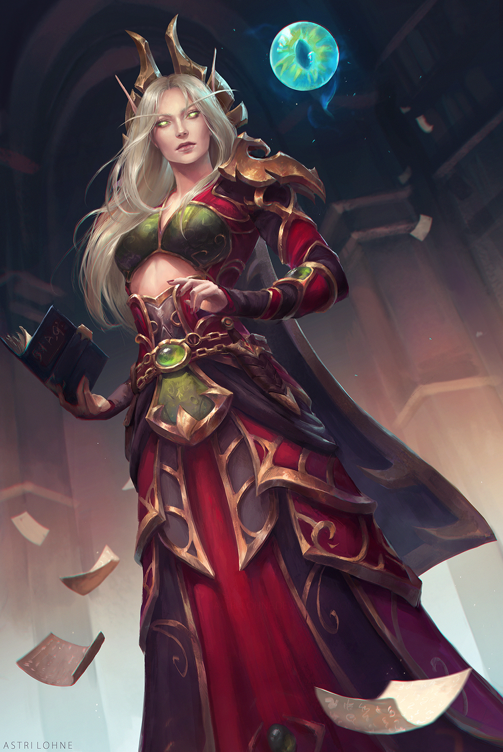 1girl, :|, artist_name, astri_lohne_sjursen, belt, blonde_hair, blood_elf, book