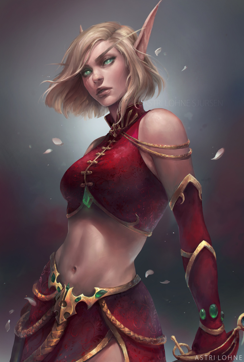 1girl, arm_behind_back, artist_name, astri_lohne_sjursen, bare_shoulders, blonde_hair, blood_elf, breasts