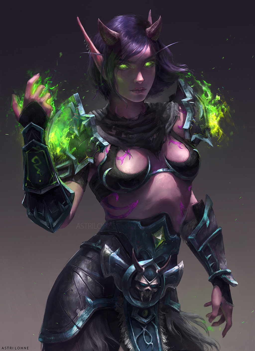 1girl, armor, artist_name, astri_lohne_sjursen, belt, breasts, burning_hand, capelet, cleavage, cowboy_shot, earrings, elbow_gloves, elf, fur, gauntlets, gem, gloves, glowing, glowing_eyes, gradient, gradient_background, green_eyes, highres, horns, jewelry, leather, long_eyebrows, night_elf, pointy_ears, purple_hair, purple_skin, short_hair, shoulder_armor, shoulder_pads, signature, skull, solo, tattoo, torn_clothes, warcraft, world_of_warcraft