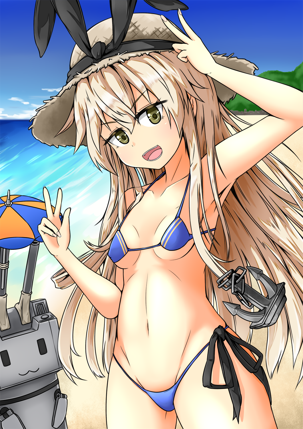 1girl, anchor_hair_ornament, beach, bikini, black_ribbon, blonde_hair, blue_bikini, cowboy_shot