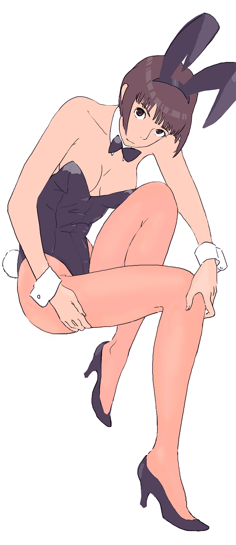 1girl, animal_ears, black_bow, black_bowtie, black_leotard, bow, bowtie, brown_eyes