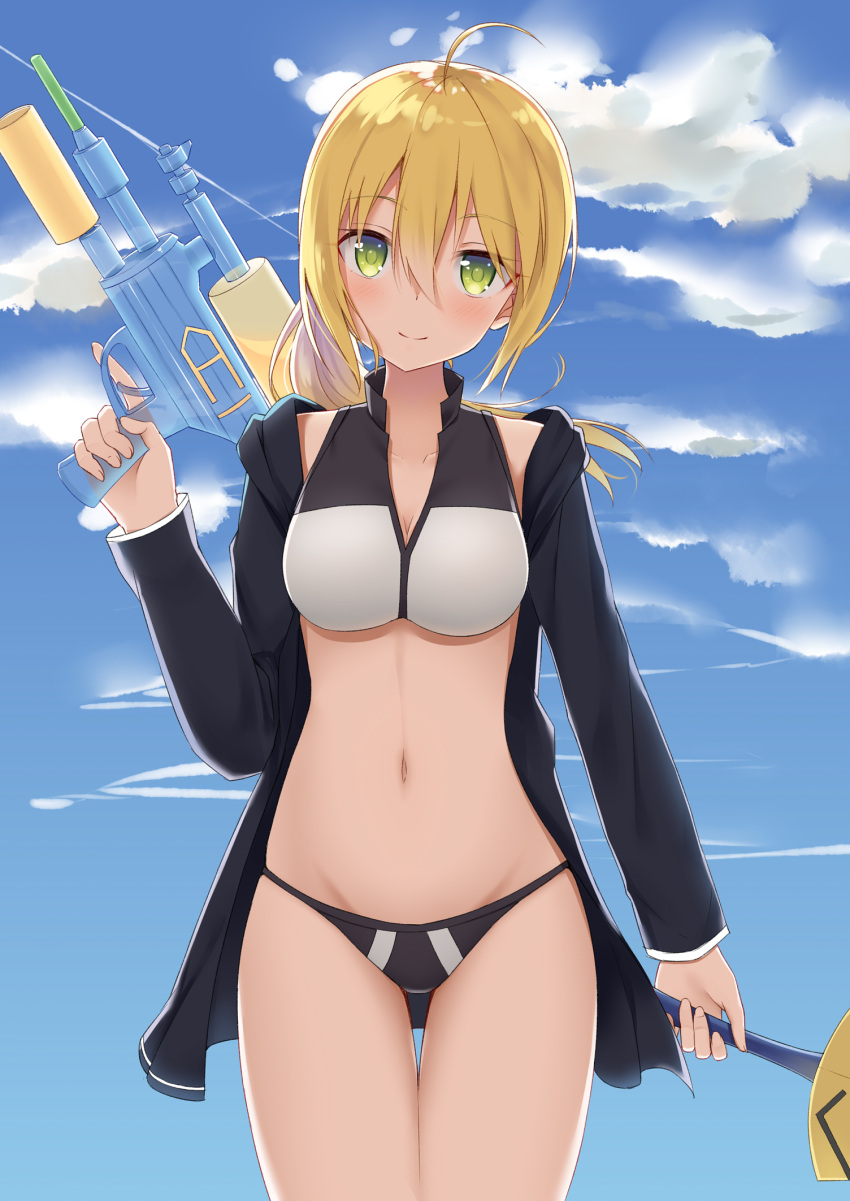 1girl, ahoge, artoria_pendragon_(swimsuit_archer)_(fate), asymmetrical_bikini, black_jacket, blonde_hair, fate/grand_order, fate_(series)