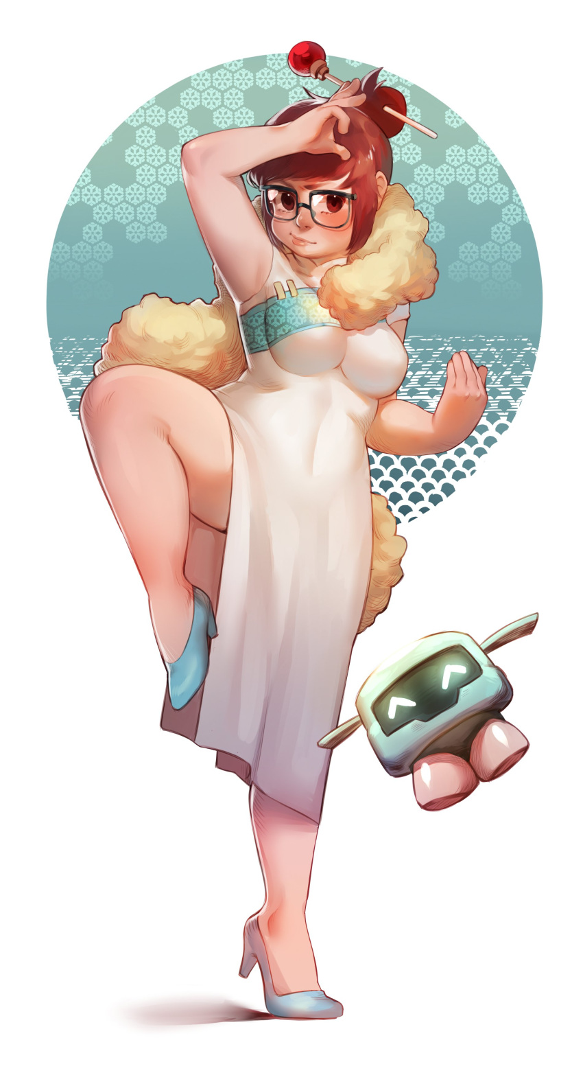 1girl, absurdres, adapted_costume, arm_up, bangs, bare_arms, bare_shoulders, bead, black-framed_eyewear, blue_shoes, breasts, brown_eyes, brown_hair, china_dress, chinese_clothes, closed_mouth, dress, drone, fighting_stance, floating, full_body, fur_trim, glasses, hair_ornament, hair_stick, hand_up, high_heels, highres, kkyattyu, leg_up, lips, looking_at_viewer, machinery, medium_breasts, mei_(overwatch), nose, one_leg_raised, overwatch, pelvic_curtain, robot, shoes, short_hair, side_slit, sidelocks, simple_background, skin_tight, snowball_(overwatch), solo, standing, standing_on_one_leg, white_background, white_dress