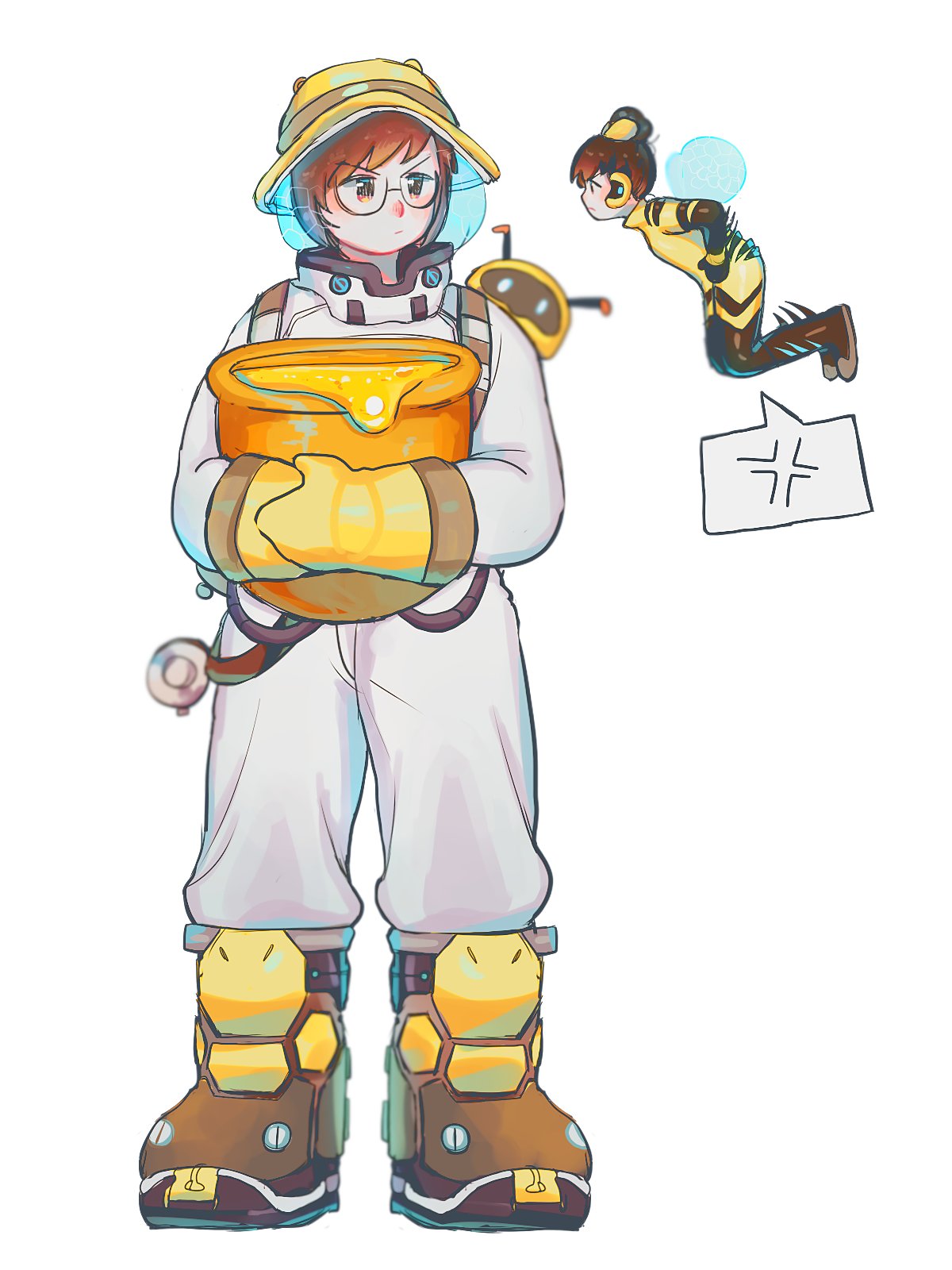 2girls, alternate_costume, alternate_hairstyle, anger_vein, b.va_(overwatch), bangs, beekeeper_mei, black-framed_eyewear