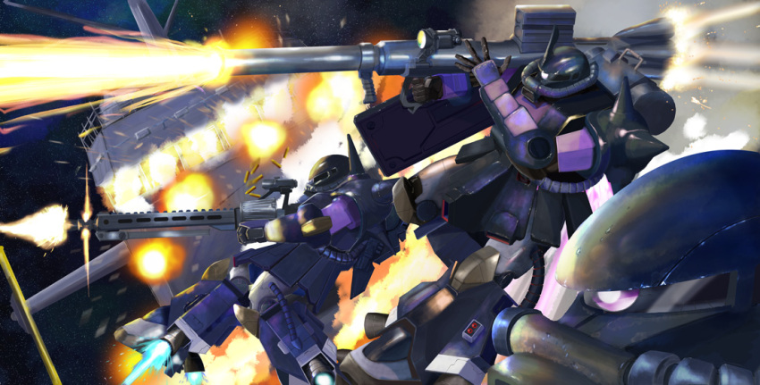 battle, bazooka, black_tri-stars, explosion, firing, gun, gundam, i.t.o_daynamics