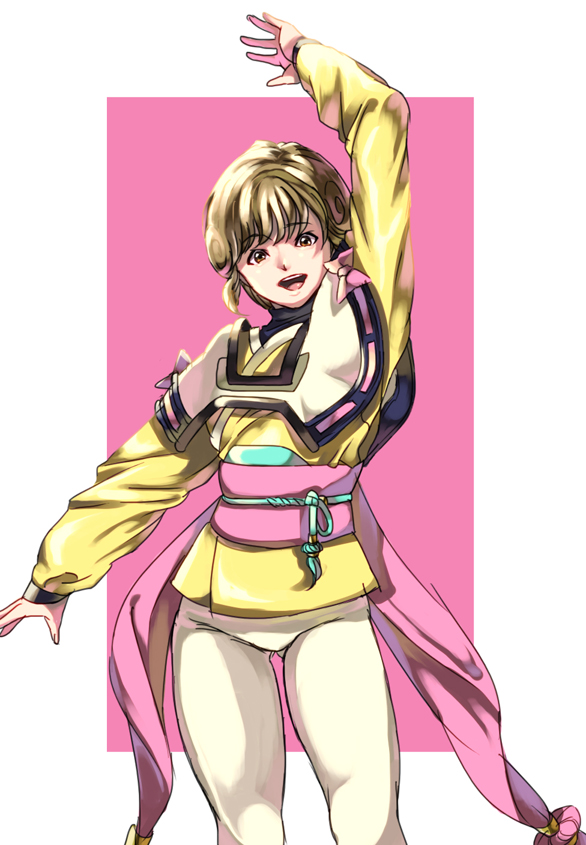 1girl, amano_ai, arm_up, brown_eyes, brown_hair, japanese_clothes, nittama, open_mouth