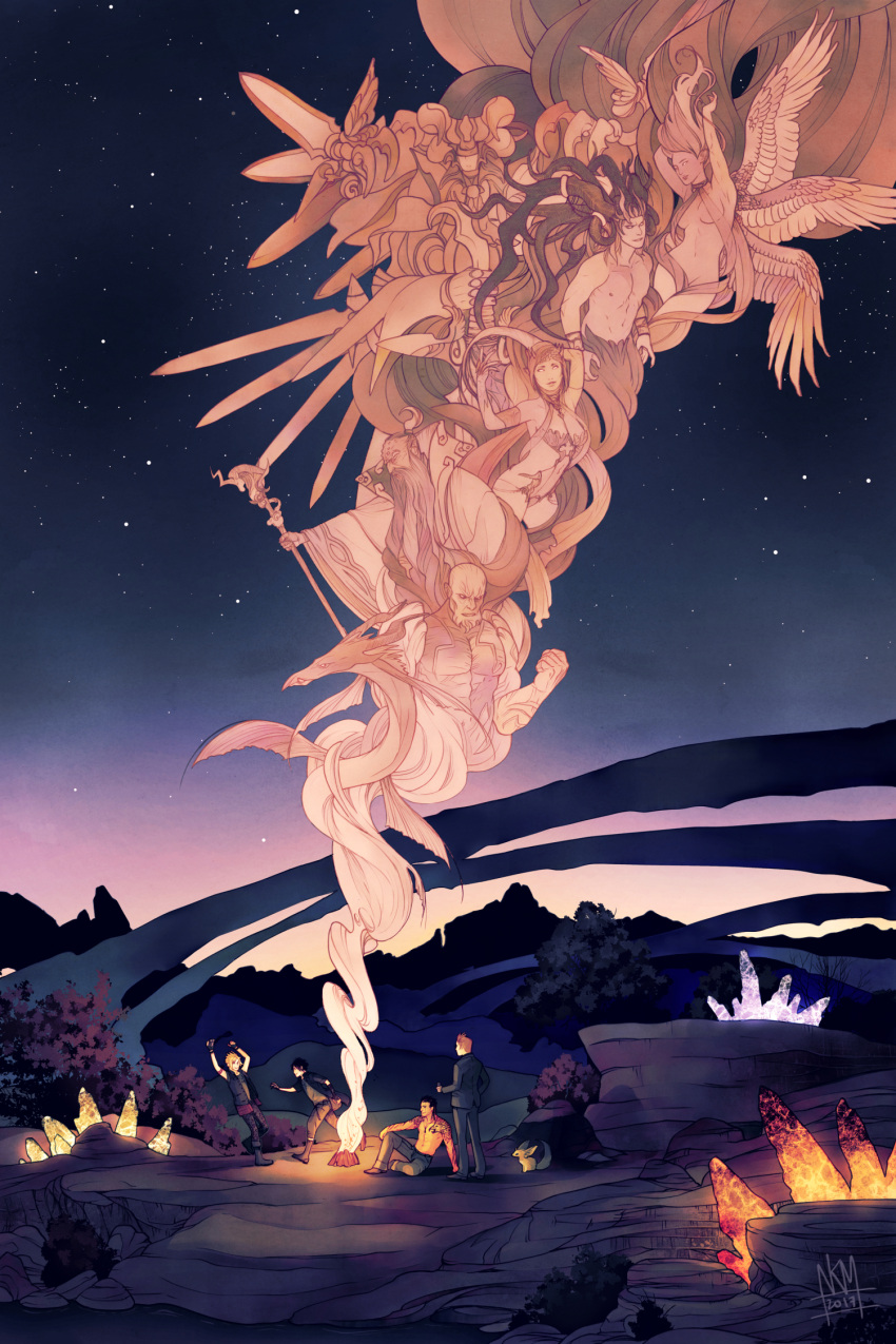 2girls, 6+boys, bahamut_(final_fantasy), black_jacket, breasts, campfire, carbuncle_(final_fantasy), cleavage