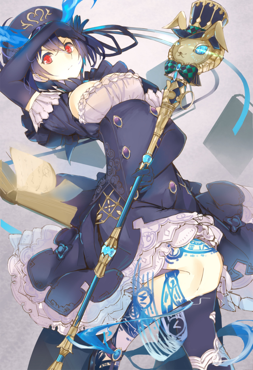 1girl, alice_(sinoalice), black_gloves, black_hair, blue_fire, book, breasts, cleavage, dress, elbow_gloves, fire, frilled_dress, frills, gloves, highres, looking_at_viewer, moebaka, open_book, puffy_short_sleeves, puffy_sleeves, red_eyes, short_hair, short_sleeves, sinoalice, solo, staff, tattoo, thigh-highs