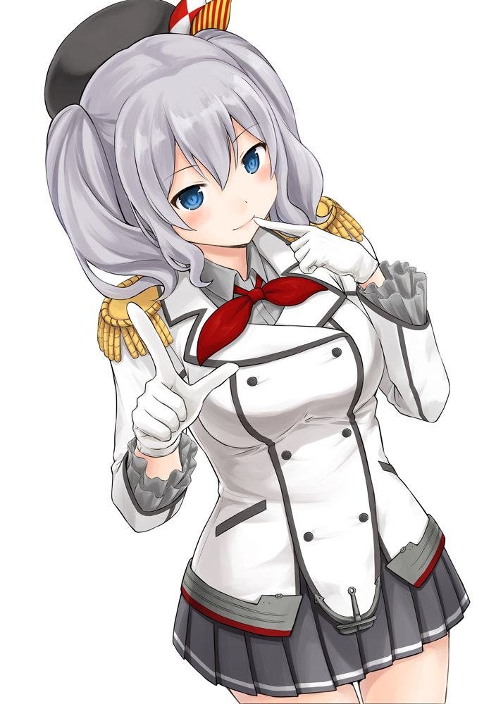 1girl, beret, blue_eyes, curly_hair, epaulettes, finger_to_mouth, gloves, hat
