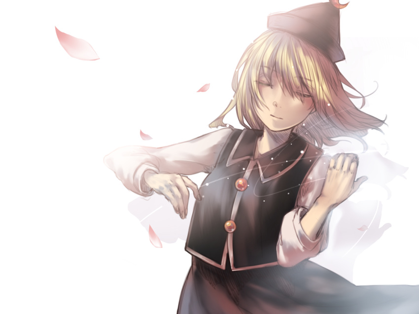 1girl, bangs, black_skirt, black_vest, blonde_hair, closed_eyes, crescent, hat