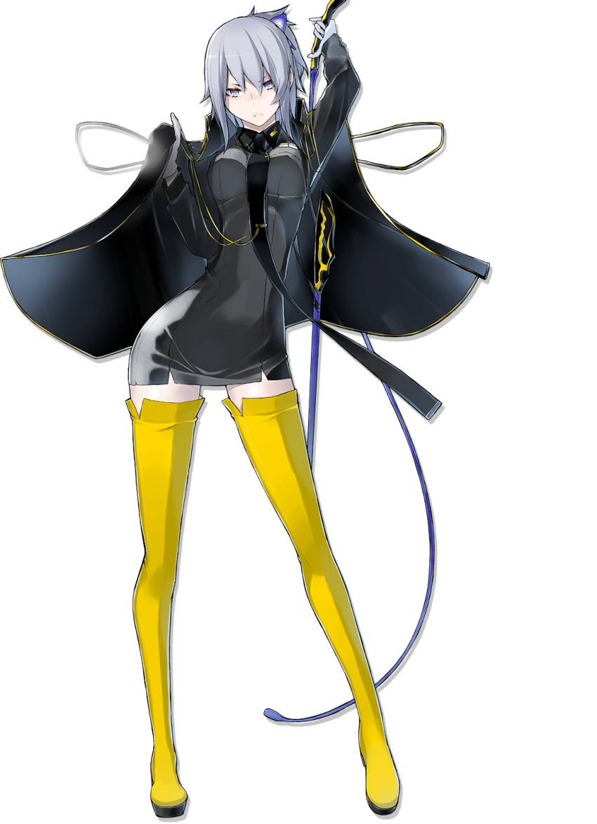1girl, arm_up, black_dress, boots, breasts, closed_mouth, contrapposto, devil_survivor_2, dress, full_body, gloves, grey_eyes, highres, hotsuin_miyako, jacket_on_shoulders, long_sleeves, looking_at_viewer, medium_breasts, megami_ibunroku_devil_survivor, necktie, short_dress, short_hair, short_ponytail, silver_hair, solo, thigh-highs, thigh_boots, transparent_background, tsurime, whip, white_gloves, yasuda_suzuhito, yellow_legwear, zettai_ryouiki