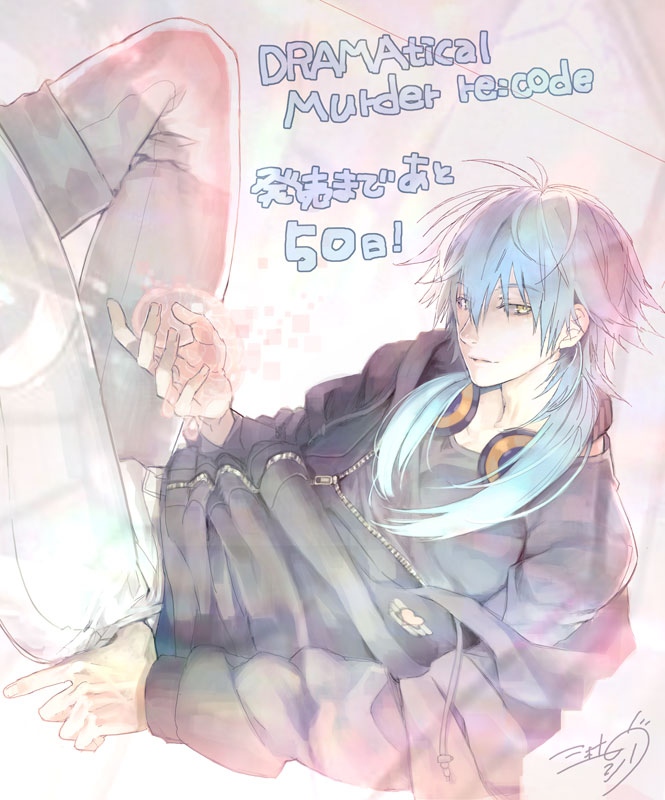 1boy, black_shirt, blue_hair, copyright_name, countdown, dramatical_murder, floating, headphones