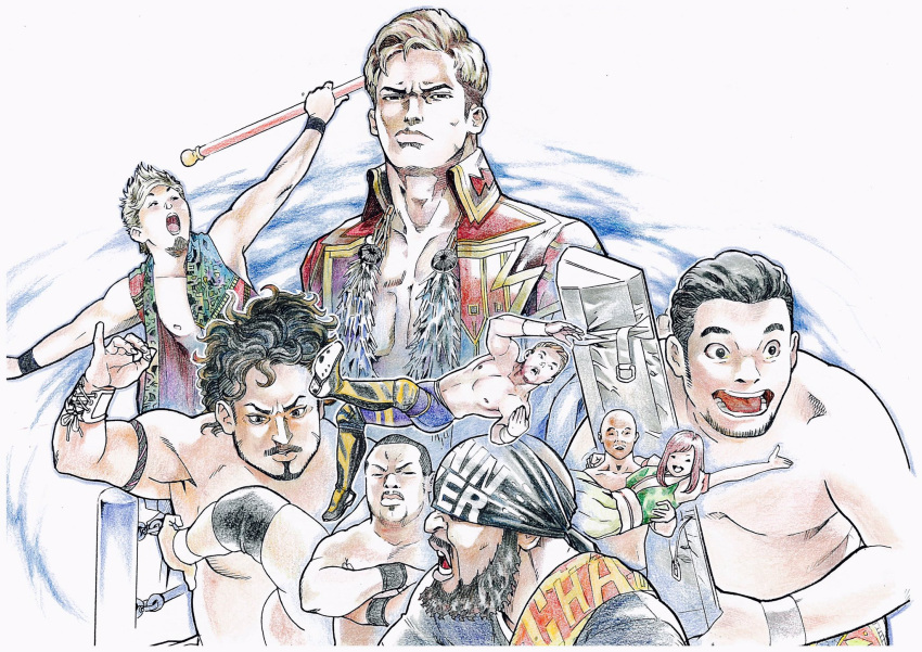 1girl, 6+boys, ayumi9314, bandanna, beard, black_hair, blonde_hair, boots