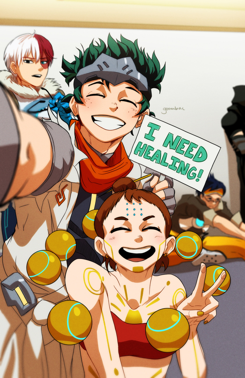 1girl, 4boys, :d, artist_name, black_coat, black_eyes, blue_eyes, blush