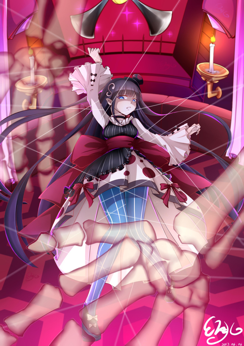 absurdres, artist_request, benghuai_xueyuan, black_hair, blue_eyes, bone, candle, candlelight, chole, dress, frilled_dress, frilled_sleeves, frills, hair_ornament, hat, highres, long_hair, looking_at_viewer, musical_note, night, night_sky, open_mouth, pointy_ears, sky, star_(sky), striped, striped_legwear, teeth, thread, window