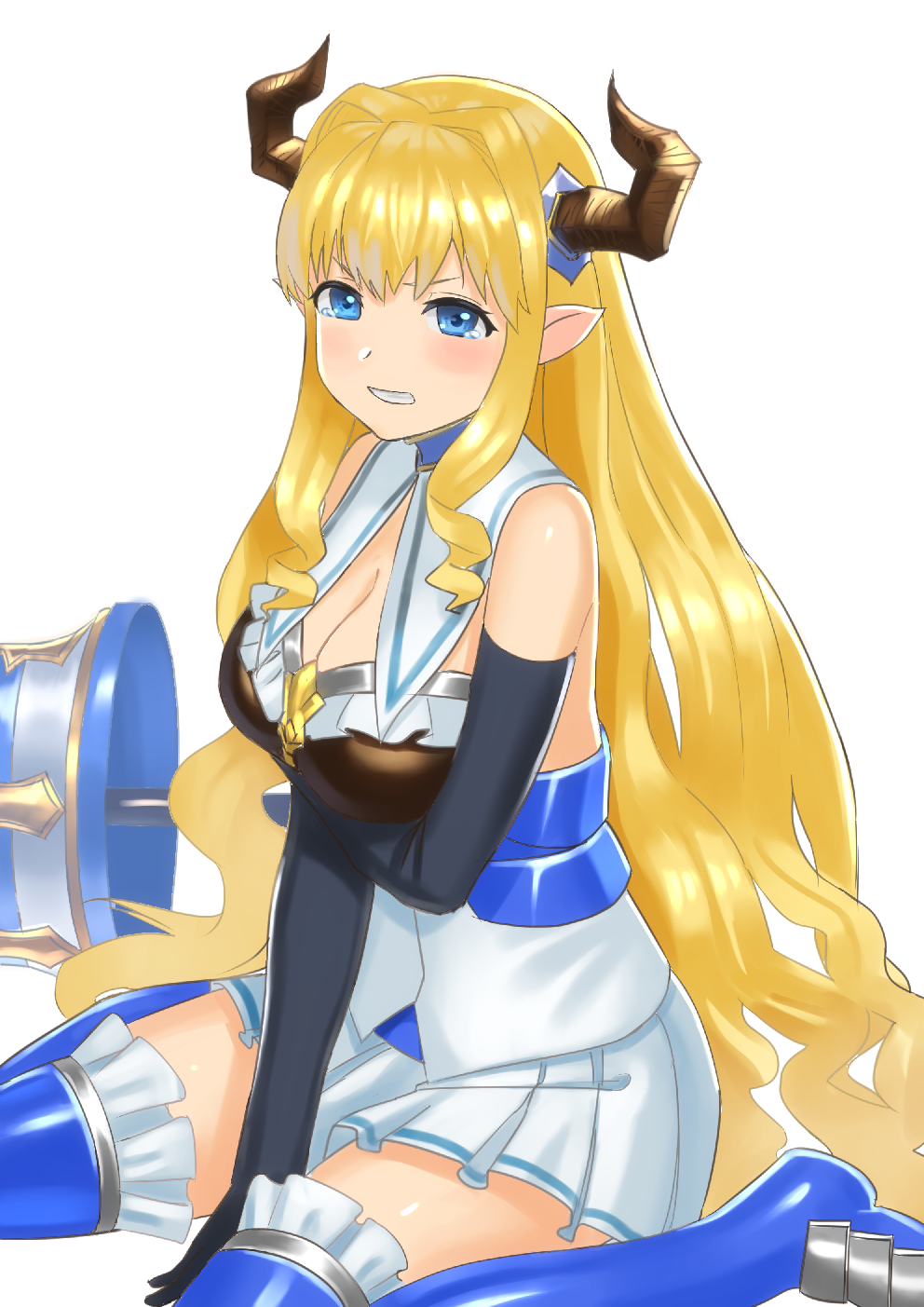 1girl, bangs, between_legs, blonde_hair, blue_choker, blue_eyes, blue_gloves, blue_legwear
