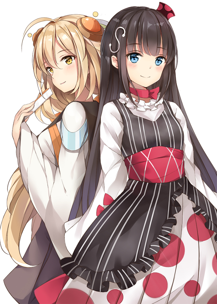 2girls, ahoge, aqua_eyes, artist_request, benghuai_xueyuan, black_hair, blonde_hair, blush, chole, dress, frilled_dress, frills, hair_ornament, hat, kaguya_(benghuai_xueyuan), leaning_back, looking_at_viewer, multiple_girls, simple_background, smile, yellow_eyes