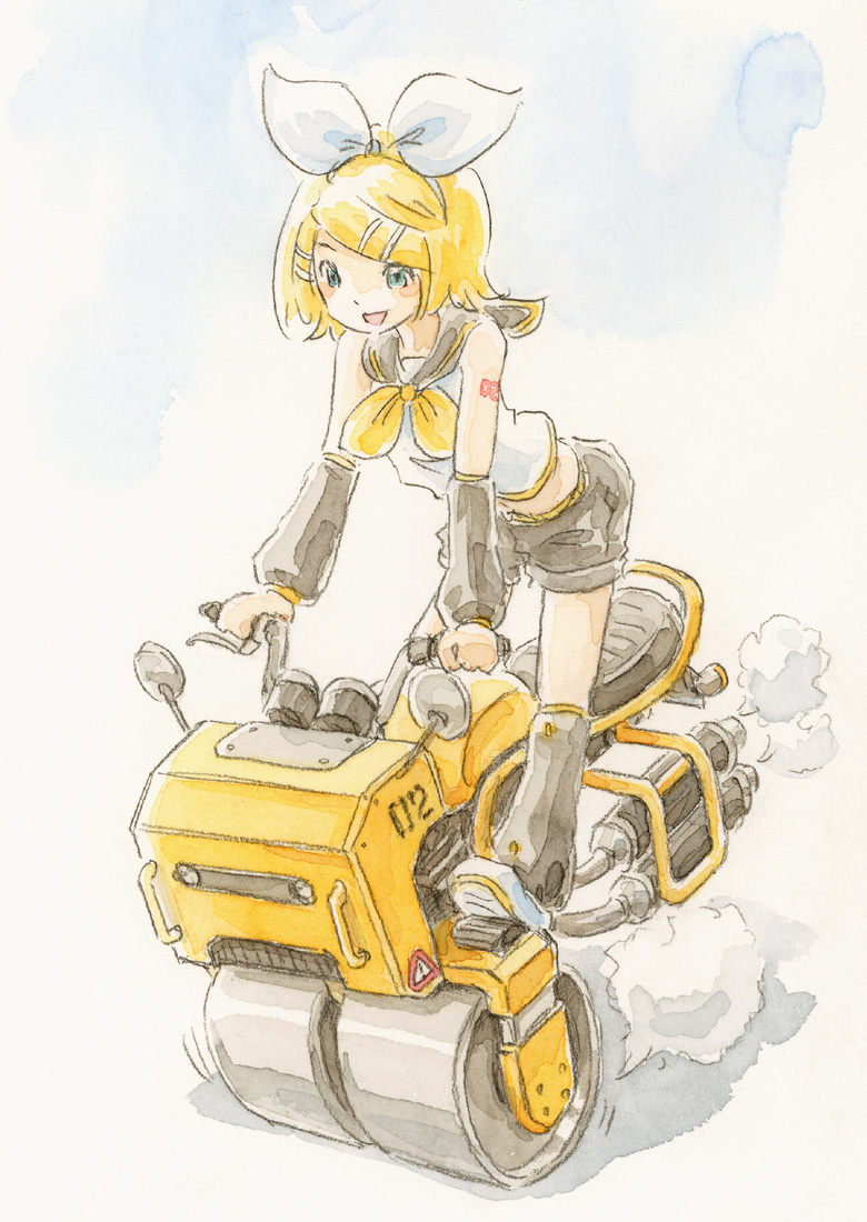 1girl, :d, arm_tattoo, blonde_hair, blue_eyes, bow, detached_sleeves, epoxy_putty