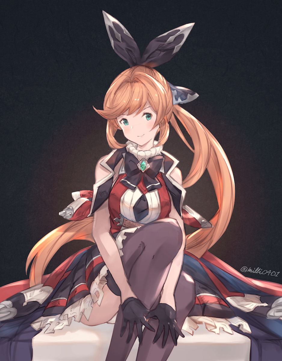 1girl, bare_shoulders, black_background, black_gloves, black_legwear, black_ribbon, blush, brown_hair