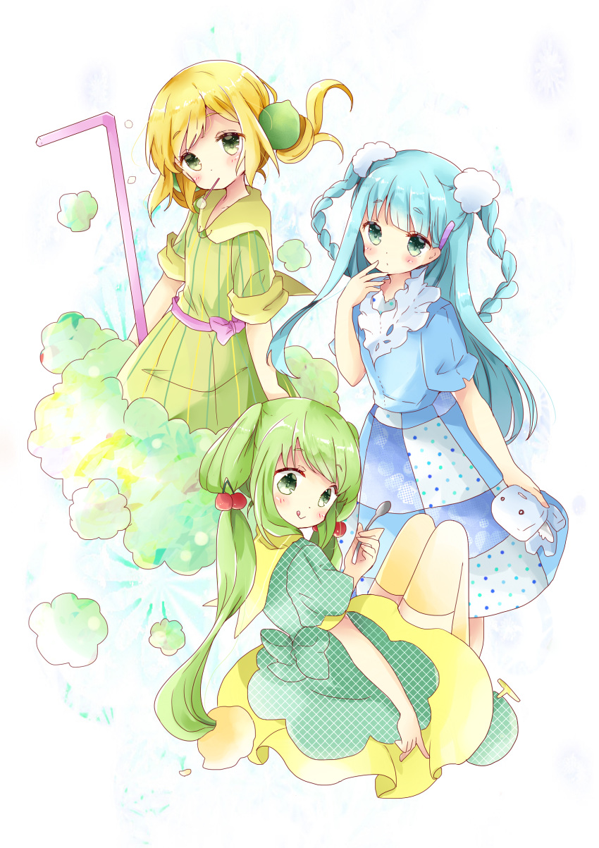 3girls, :>, :q, absurdres, bangs, bitter_melon, blonde_hair, blue_hair