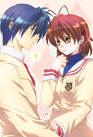 blue_hair, brown_eyes, brown_hair, clannad, furukawa_nagisa, ikuhashi_muiko, okazaki_tomoya, school_uniform