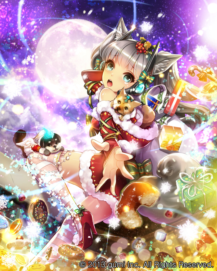 1girl, animal_ears, blue_eyes, blush, bow, christmas, company_name, dog, dog_ears, dog_tail, eu_(euspia), eyebrows_visible_through_hair, gift, green_bow, high_heels, long_hair, looking_at_viewer, maboroshi_juuhime, open_mouth, pink_legwear, sack, silver_hair, solo, striped, striped_legwear, tail, teeth, thigh-highs, white_legwear