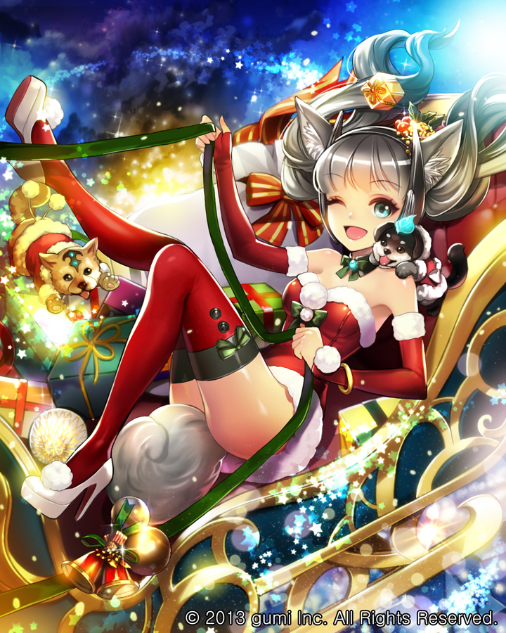 1girl, animal_ears, bare_shoulders, bell, blue_eyes, blush, breasts, christmas