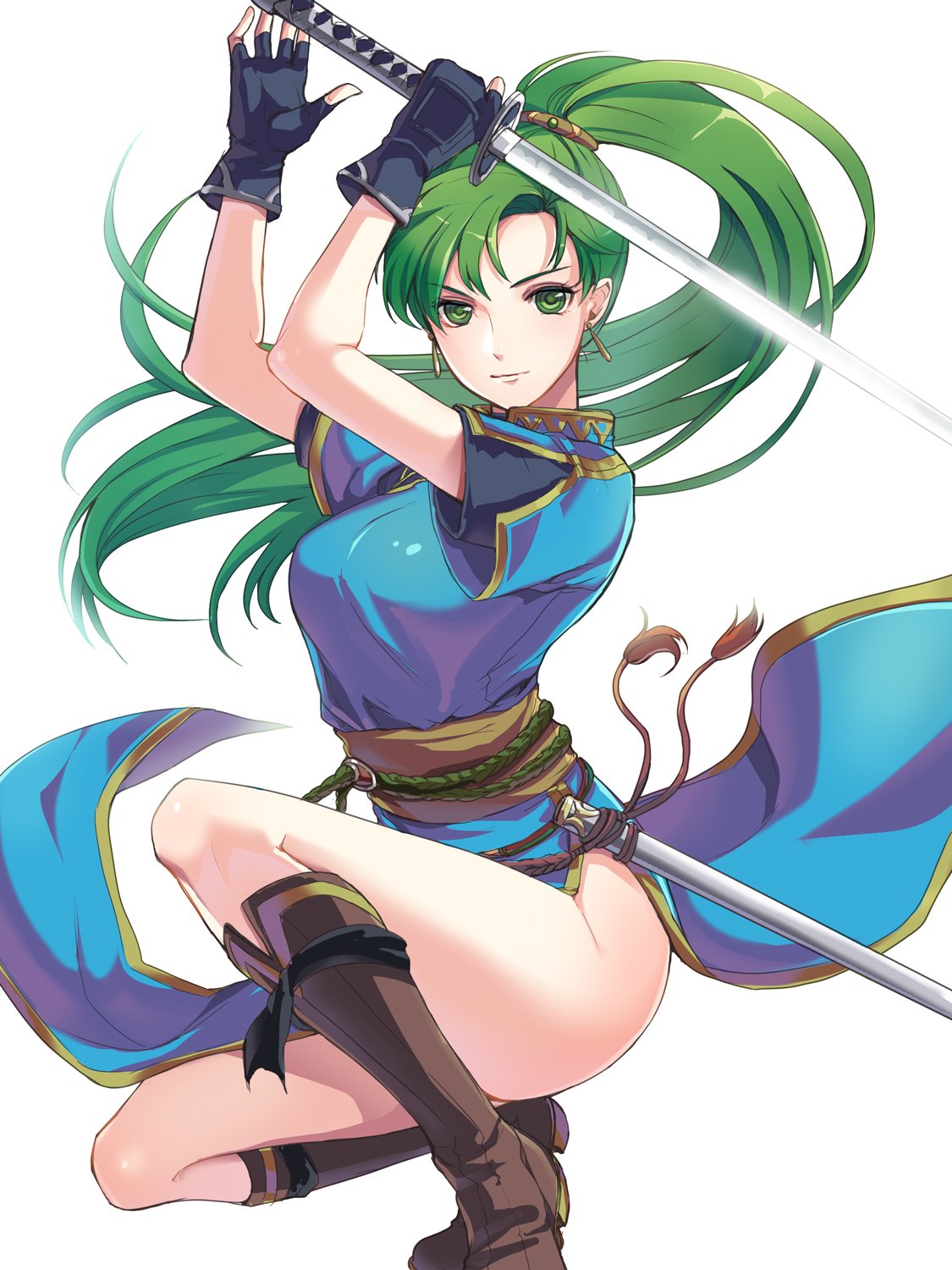 1girl, arms_up, bare_legs, black_gloves, blue_dress, boots, breasts, brown_boots, closed_mouth, dress, earrings, fingerless_gloves, fire_emblem, fire_emblem:_rekka_no_ken, floating_hair, full_body, gloves, green_eyes, green_hair, high_ponytail, highres, holding, holding_katana, holding_sword, holding_weapon, jewelry, katana, kokouno_oyazi, large_breasts, legs, long_hair, looking_at_viewer, lyndis_(fire_emblem), matching_hair/eyes, nintendo, pelvic_curtain, ponytail, sheath, shiny, shiny_katana, shiny_sword, shiny_weapon, short_sleeves, side_slit, smile, solo, squatting, sword, weapon