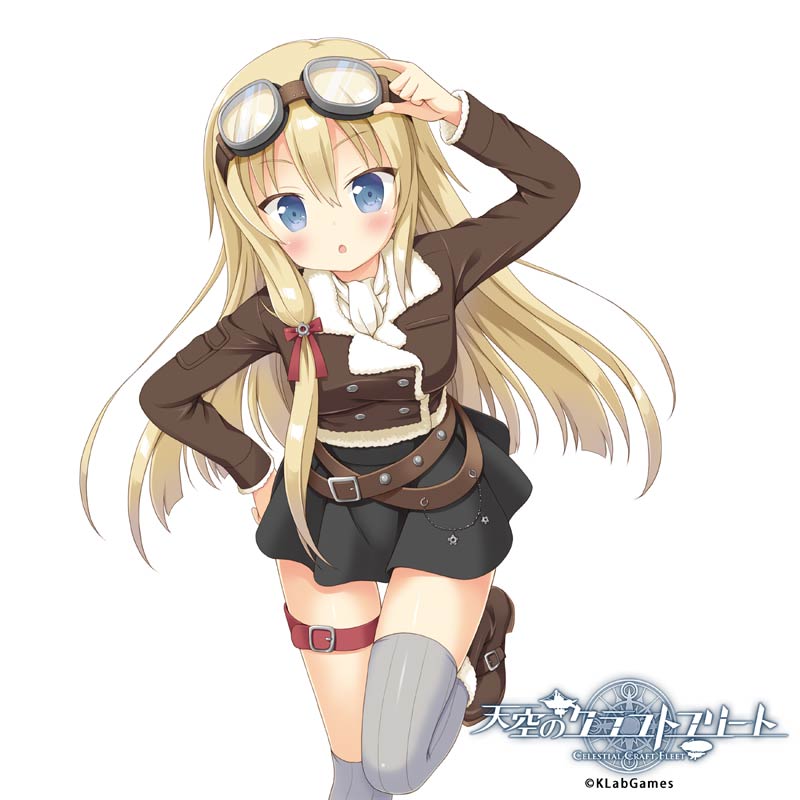 1girl, :o, adjusting_goggles, arm_up, asymmetrical_legwear, bangs, black_skirt, blazer