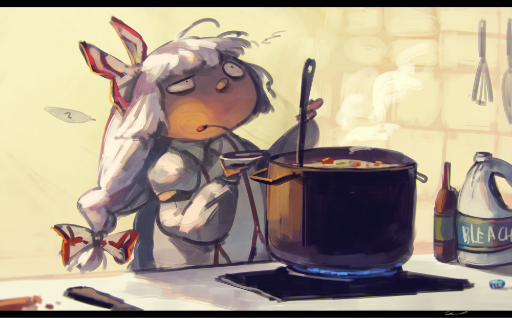 1girl, bleach_(chemical), bow, commentary, cooking, food, fujiwara_no_mokou, hair_bow