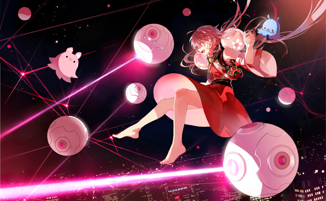 1girl, bangs, bare_shoulders, barefoot, cityscape, detached_sleeves, dress, drone