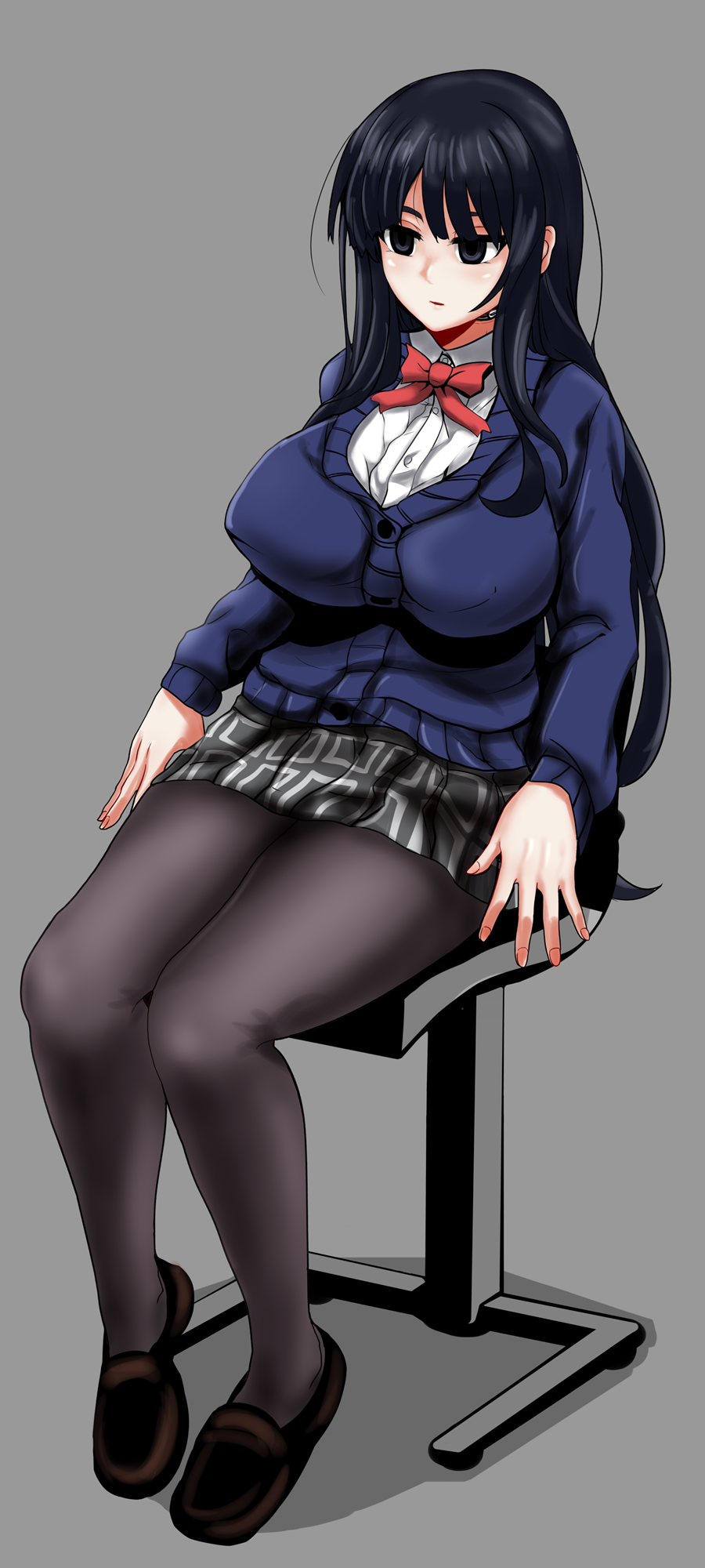 1girl, black_eyes, black_hair, black_legwear, breasts, cardigan, doll, highres