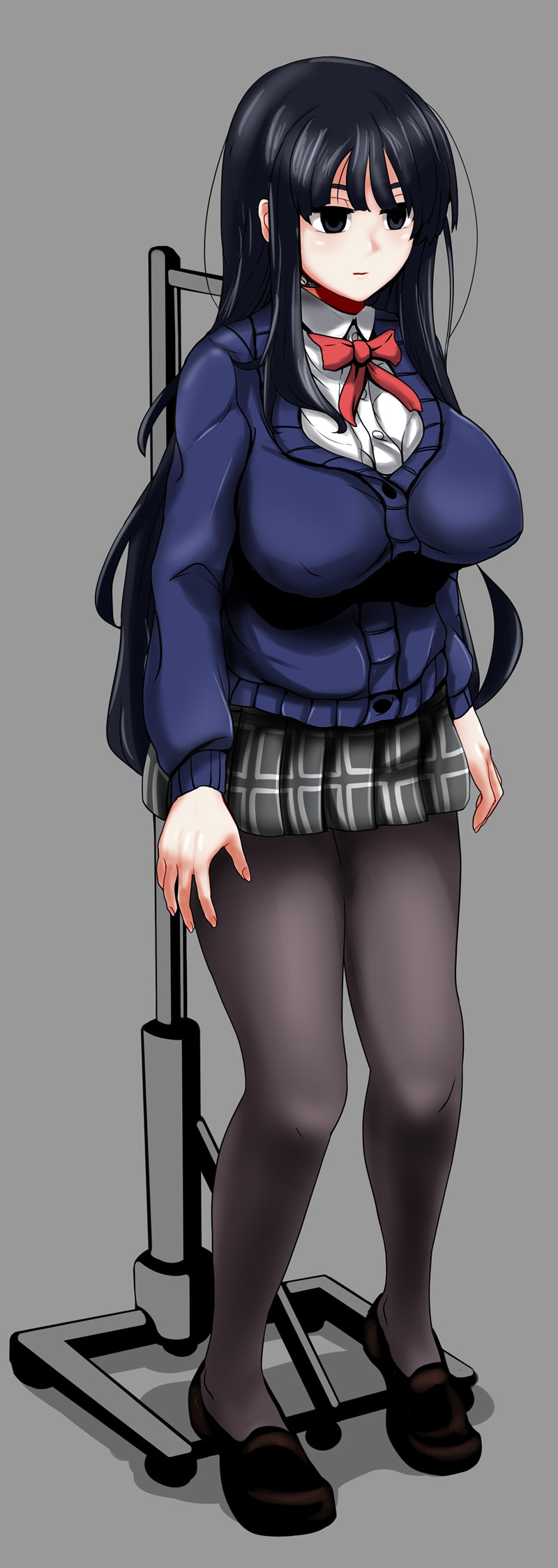 1girl, black_eyes, black_hair, black_legwear, breasts, cardigan, doll, highres