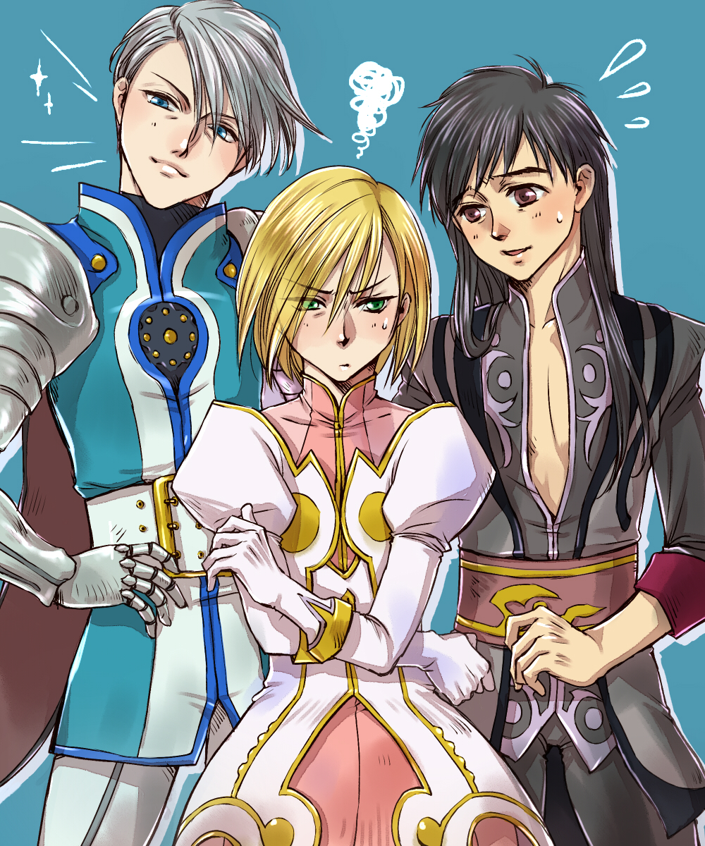 3boys, armor, black_hair, blonde_hair, blue_eyes, brown_eyes, cosplay, crossdressinging