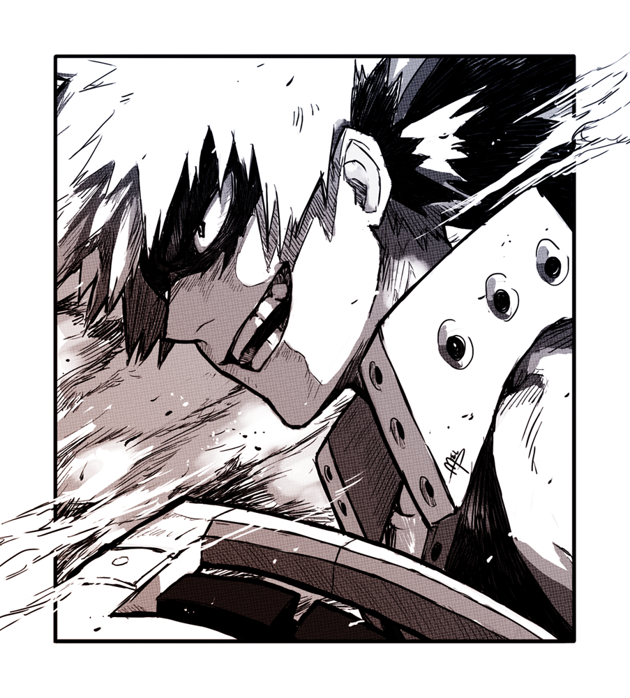 1boy, :d, bakugou_katsuki, bare_shoulders, boku_no_hero_academia, domino_mask, face, from_side, gauntlets, greyscale, mask, mikkapi, monochrome, open_mouth, sleeveless, smile, smoke, spiky_hair, tank_top, teeth