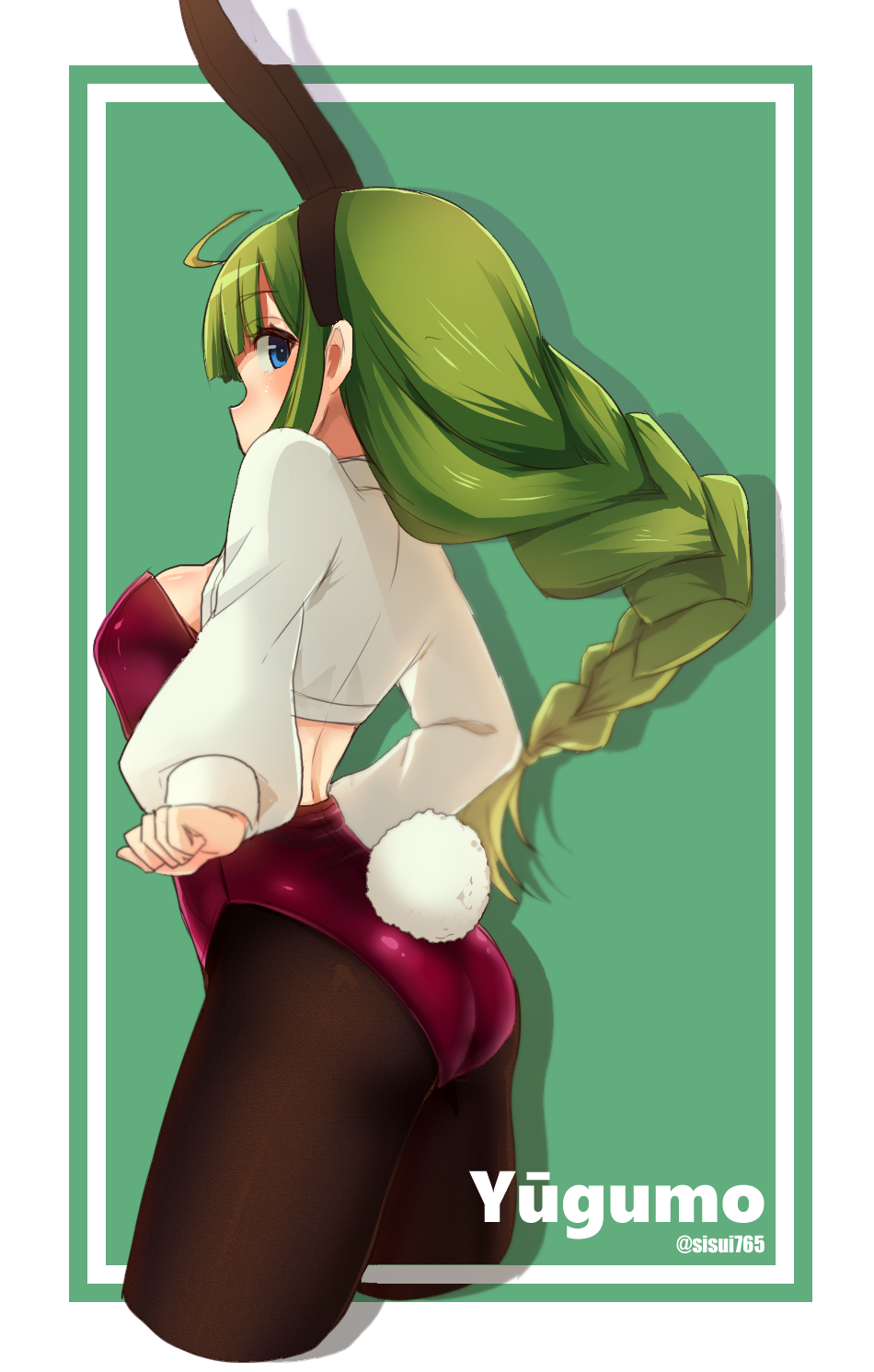 1girl, adapted_costume, animal_ears, ass, back, black_legwear, blue_eyes, braid