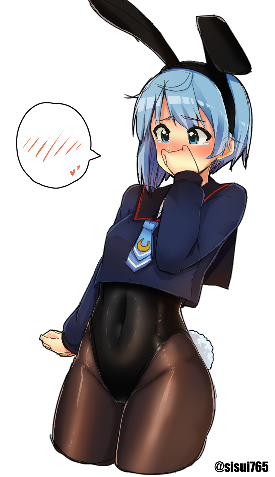 1girl, adapted_costume, animal_ears, black_legwear, blouse, blue_blouse, blue_eyes, blue_hair