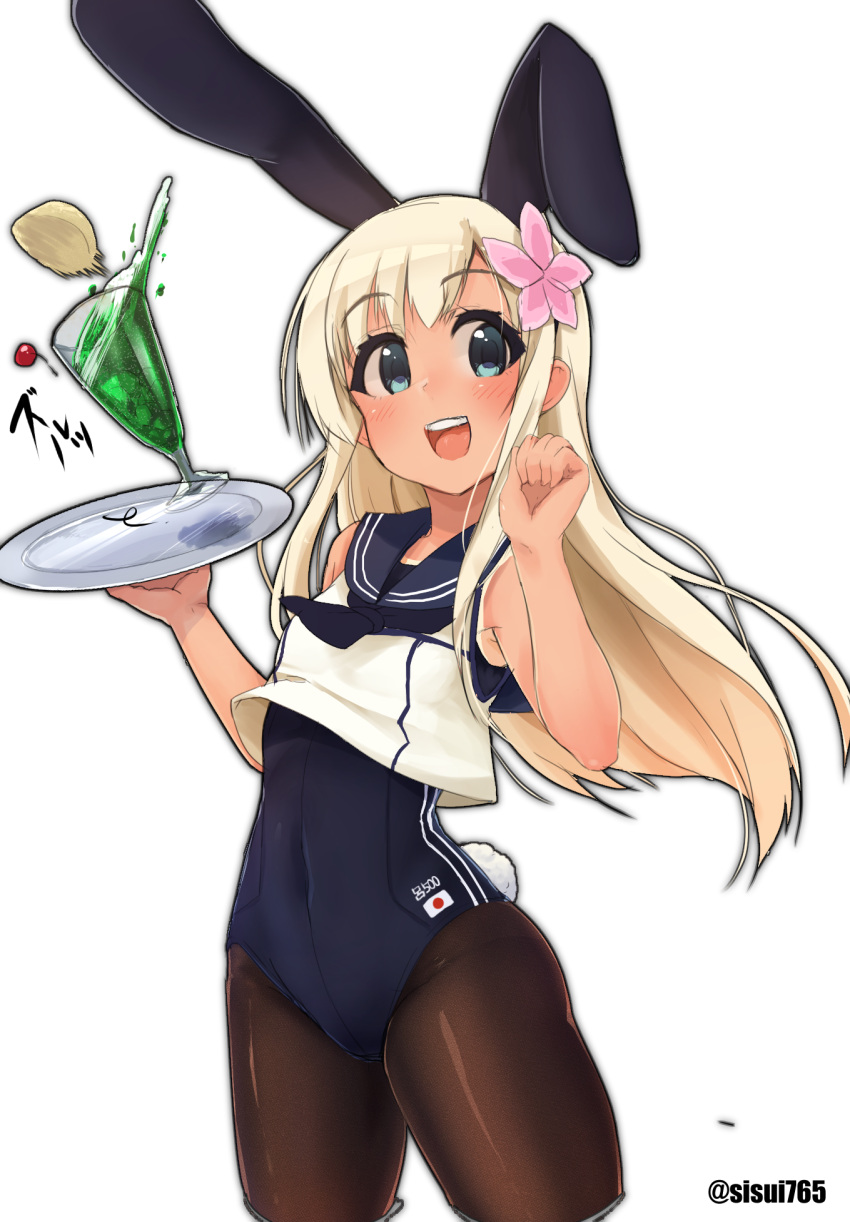1girl, adapted_costume, animal_ears, blonde_hair, blue_eyes, breasts, brown_legwear, bunny_tail