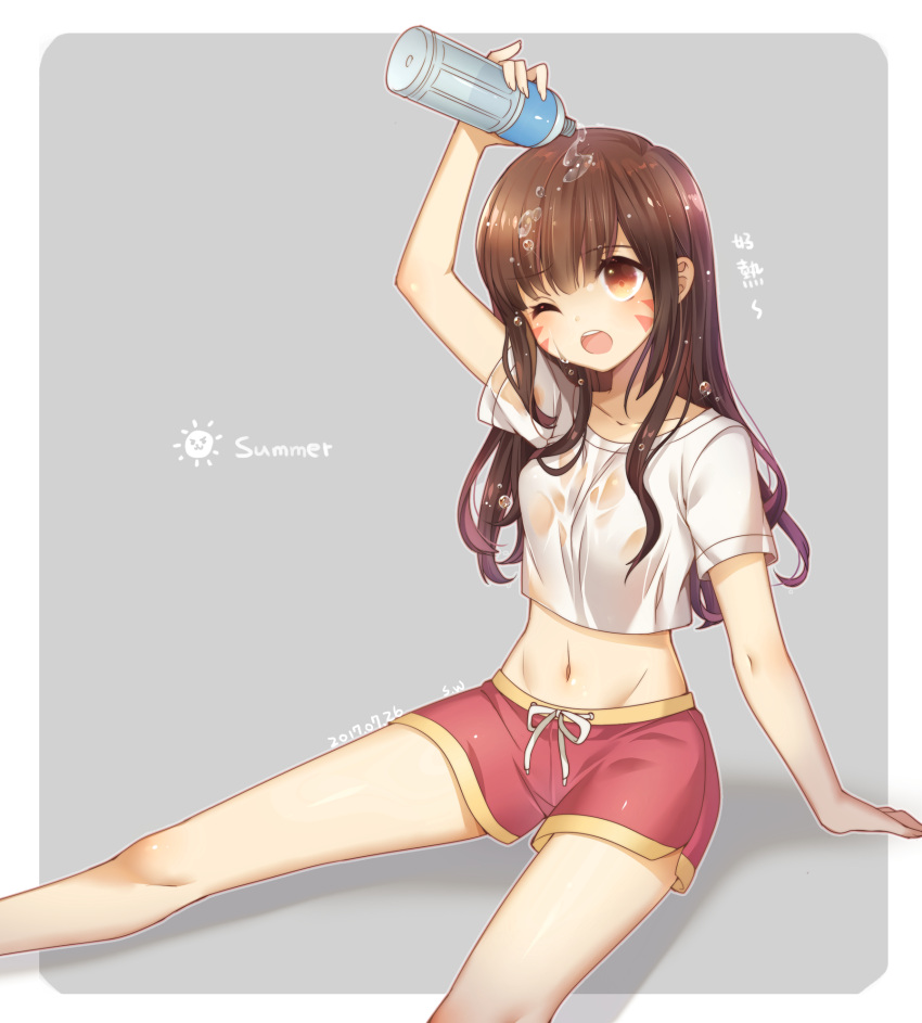1girl, alternate_costume, arm_support, arm_up, atobesakunolove, bottle, breasts, brown_eyes