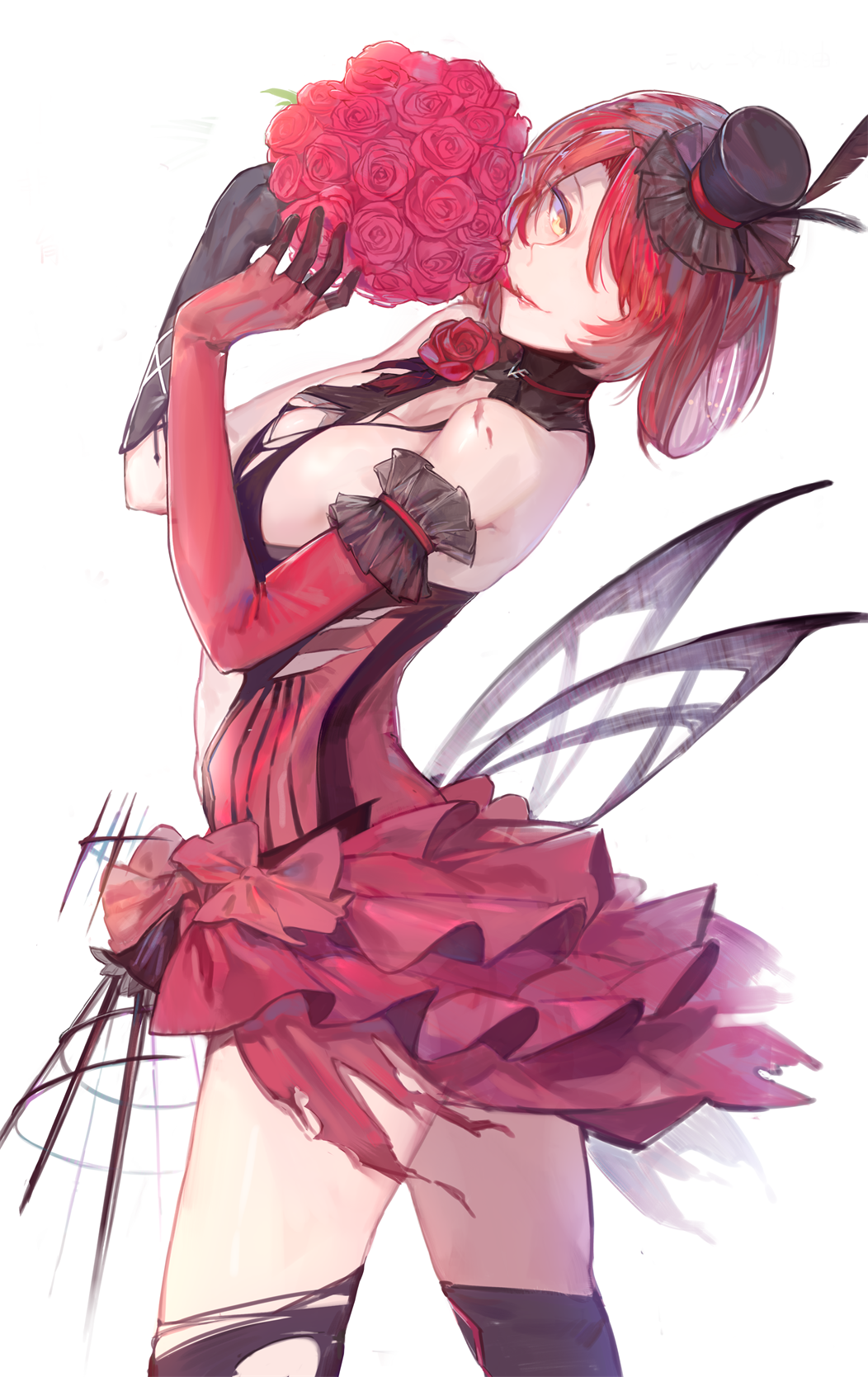 1girl, arched_back, bare_shoulders, benghuai_xueyuan, bouquet, character_request, flower, gen_(bividgen)