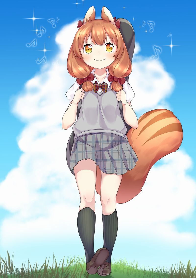 1girl, animal_ears, bangs, black_legwear, blue_sky, blush, bow, brown_bow