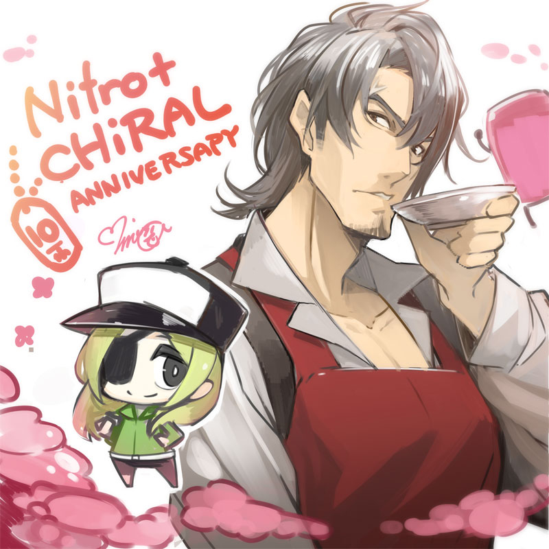 2boys, anniversary, apron, baseball_cap, beard, black_eyes, blonde_hair, bright_pupils