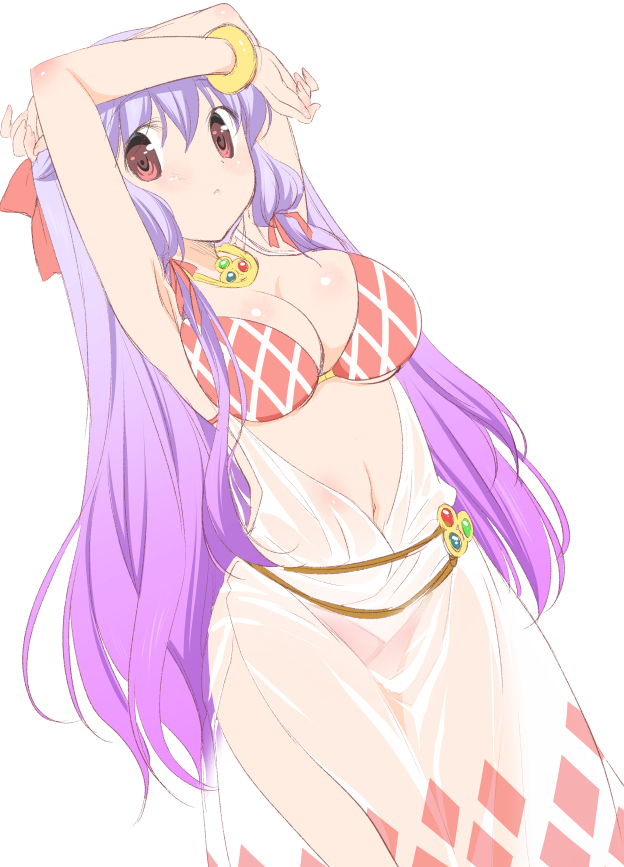 1girl, armpits, arms_up, bikini_top, blush, bracelet, breasts, cleavage, fingernails, hair_between_eyes, jewelry, large_breasts, long_hair, looking_at_viewer, maru_(sasayama_chikage), midriff, navel, necklace, purple_hair, ragnarok_online, red_bikini_top, red_eyes, side_slit, simple_background, solo, sorcerer_(ragnarok_online), standing, very_long_hair, white_background