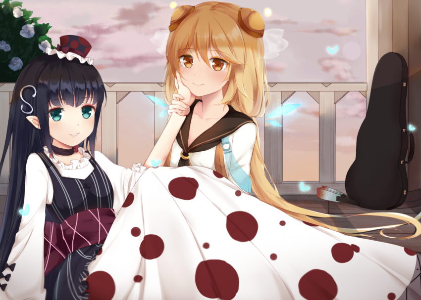 2girls, balcony, benghuai_xueyuan, black_hair, blonde_hair, chole, clouds, doll_joints