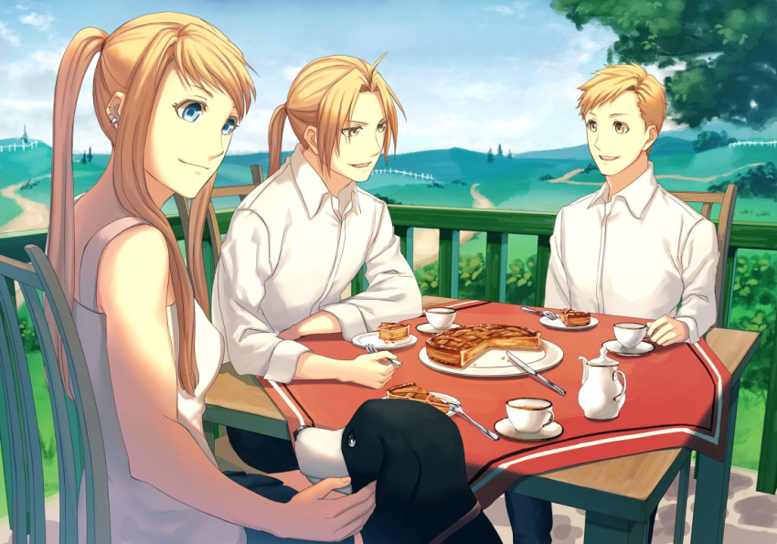 1girl, 2boys, alphonse_elric, animal, blonde_hair, blue_eyes, chair, cup