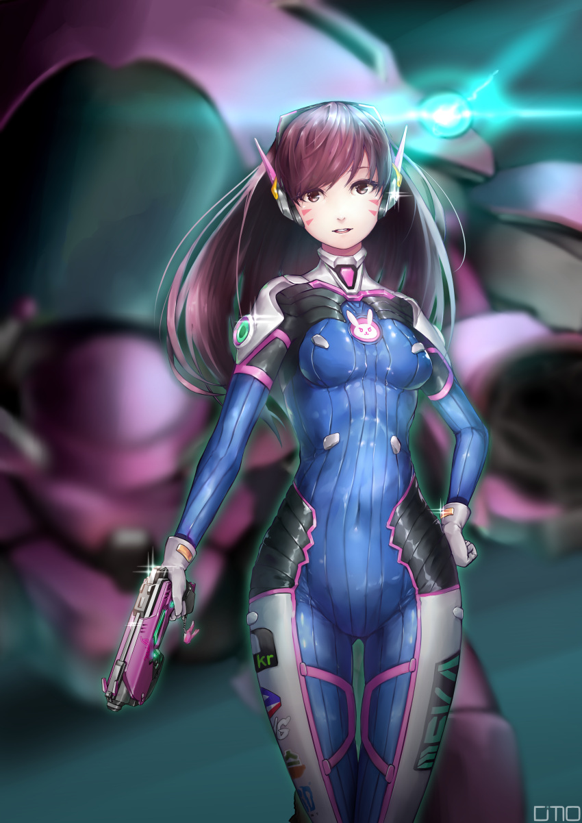 1girl, absurdres, animal_print, bangs, bodysuit, breasts, brown_eyes, brown_hair, bunny_print, covered_navel, d.va_(overwatch), dms, facepaint, facial_mark, gloves, gun, hand_on_hip, headphones, high_collar, highres, long_hair, looking_at_viewer, mecha, open_mouth, overwatch, pauldrons, pilot_suit, shiny, smile, swept_bangs, weapon, whisker_markings