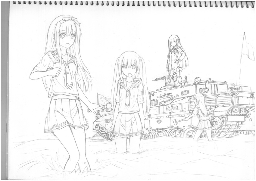4girls, absurdres, allenes, angry, c1_ariete, greyscale, ground_vehicle, hair_ribbon, highres, long_hair, military, military_vehicle, monochrome, motor_vehicle, multiple_girls, original, ribbon, school_uniform, serafuku, skirt, smile, tank
