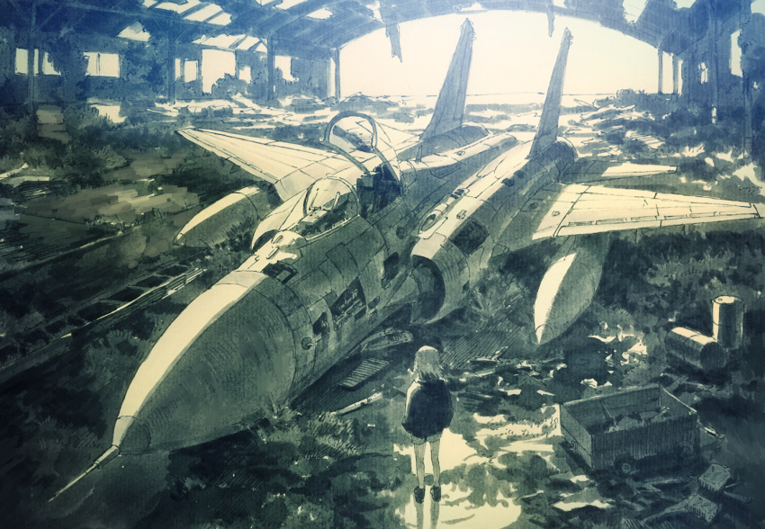 1girl, aircraft, airplane, cart, drum_(container), fighter_jet, from_above, grass