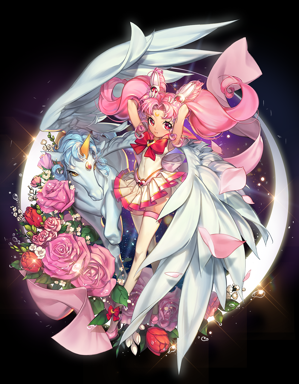 1girl, arms_up, bishoujo_senshi_sailor_moon, bow, brooch, chibi_usa, crescent, crescent_moon