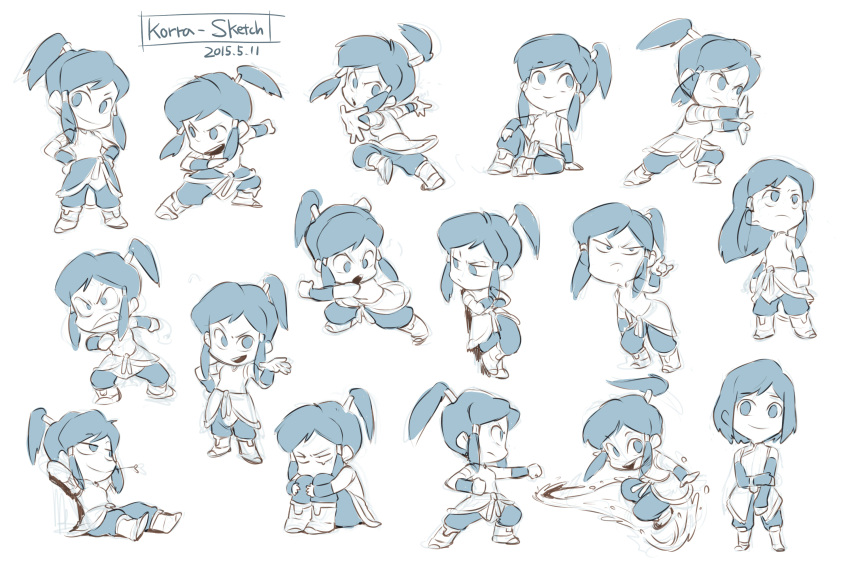 1girl, alternate_hairstyle, avatar_legends, character_sheet, chibi, element_bending, fighting_stance, hair_down